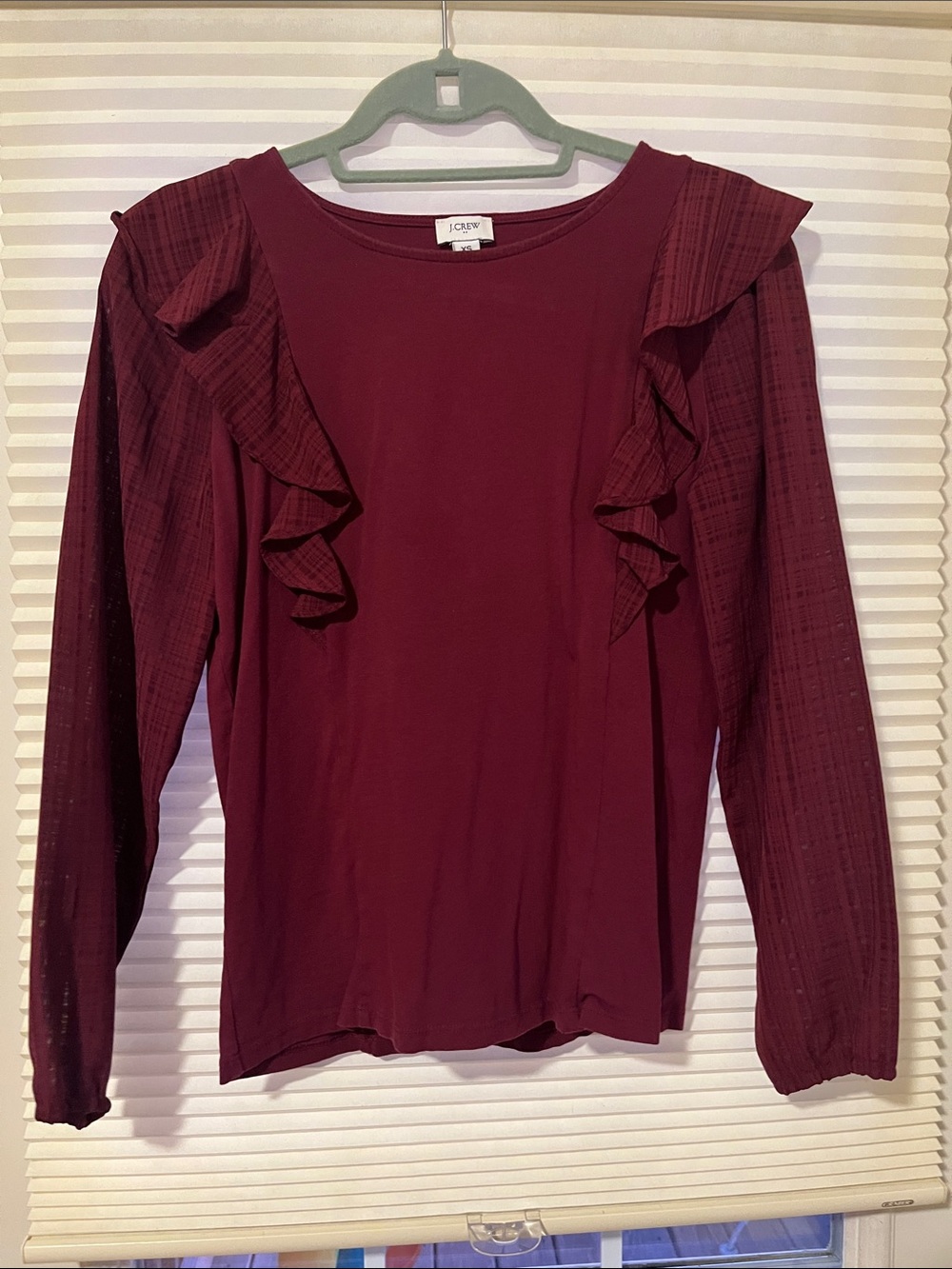 J. Crew Maroon Ruffle Long Sleeve Top